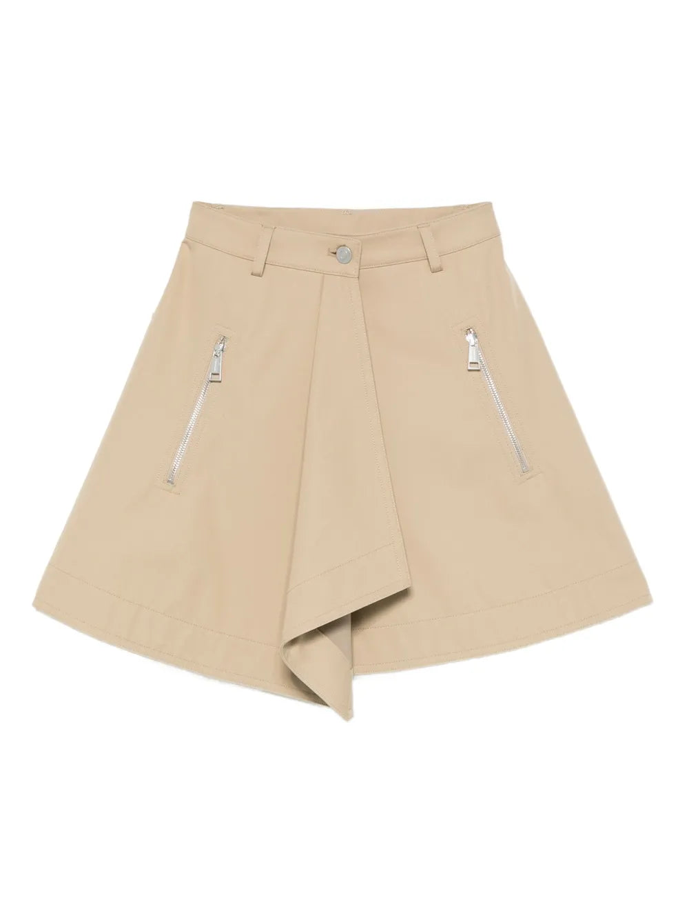 Inge Mini Skirt in Beige by Nanushka showcasing a stylish draped detail and zippered pockets.