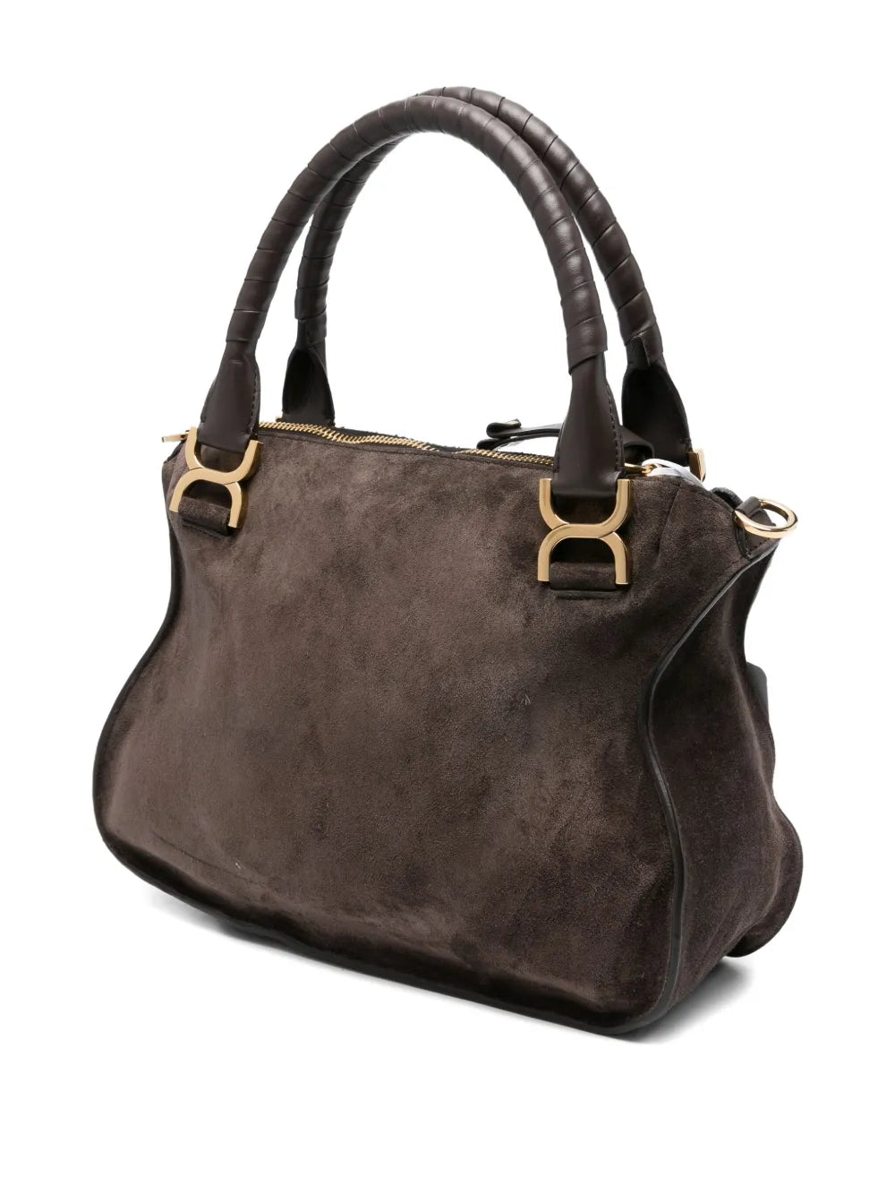 Stylish shot of the Marcie Double Carry Bag in Kohl Brown featuring saddle stitching and iconic gold-tone buckles.