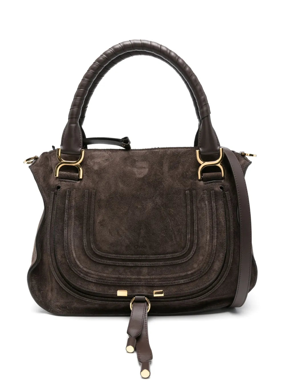 Close-up of the Marcie Double Carry Bag in Kohl Brown showcasing its suede calfskin texture and feminine silhouette.