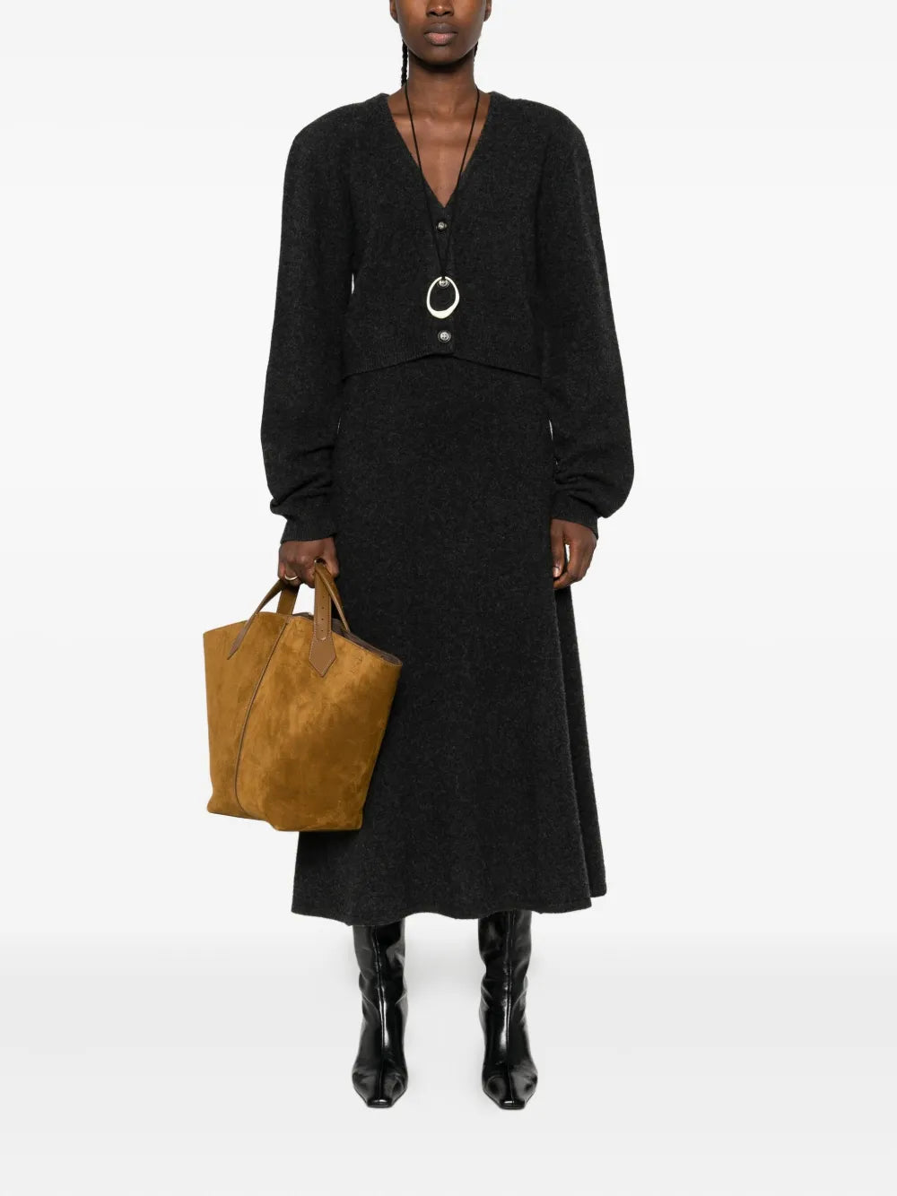 Detail shot of Raddix Cardigan in Charcoal, highlighting soft overwashed merino wool texture.