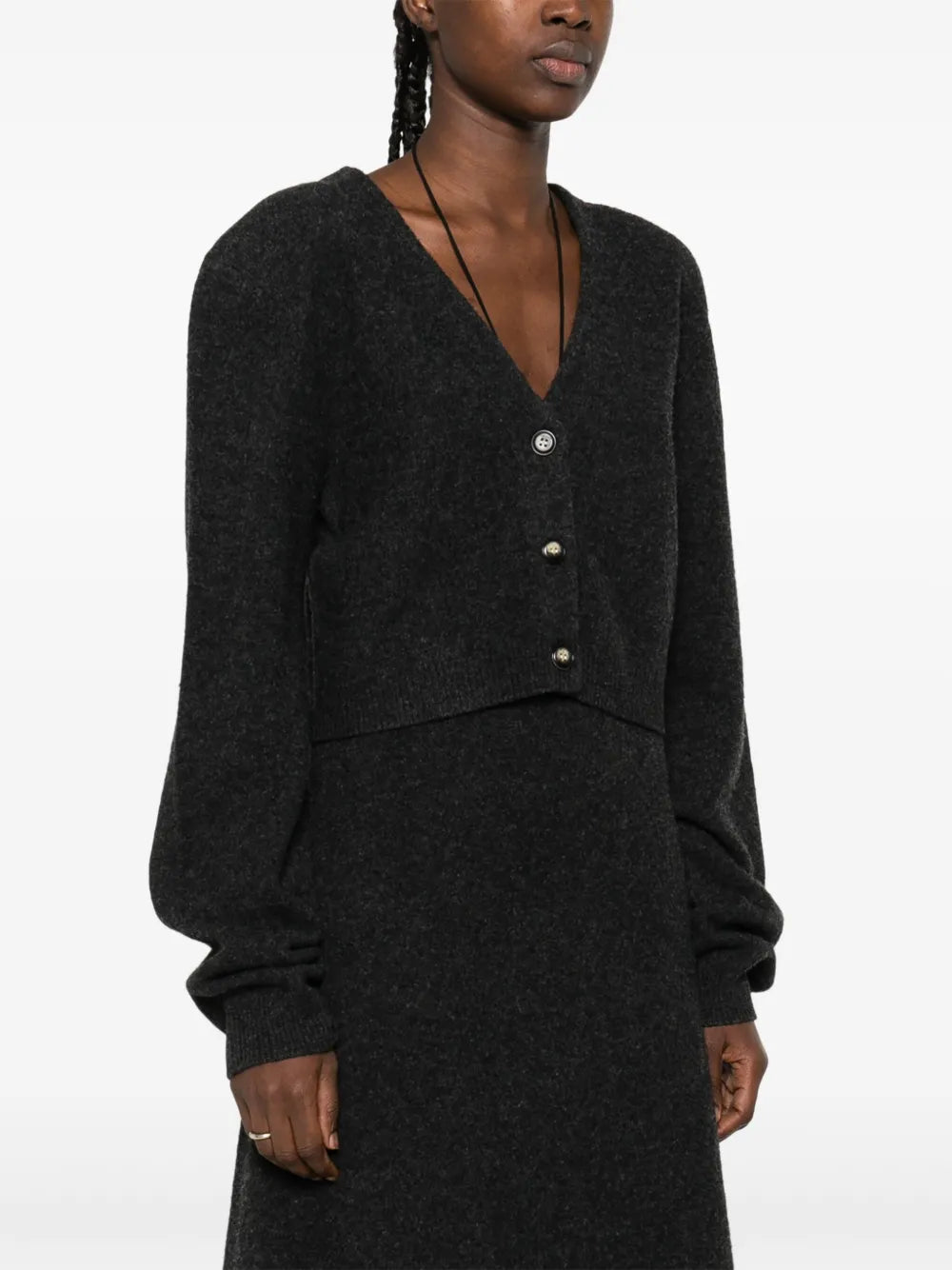 Raddix Cardigan in Charcoal worn casually, perfect for seasonless wardrobe essentials.