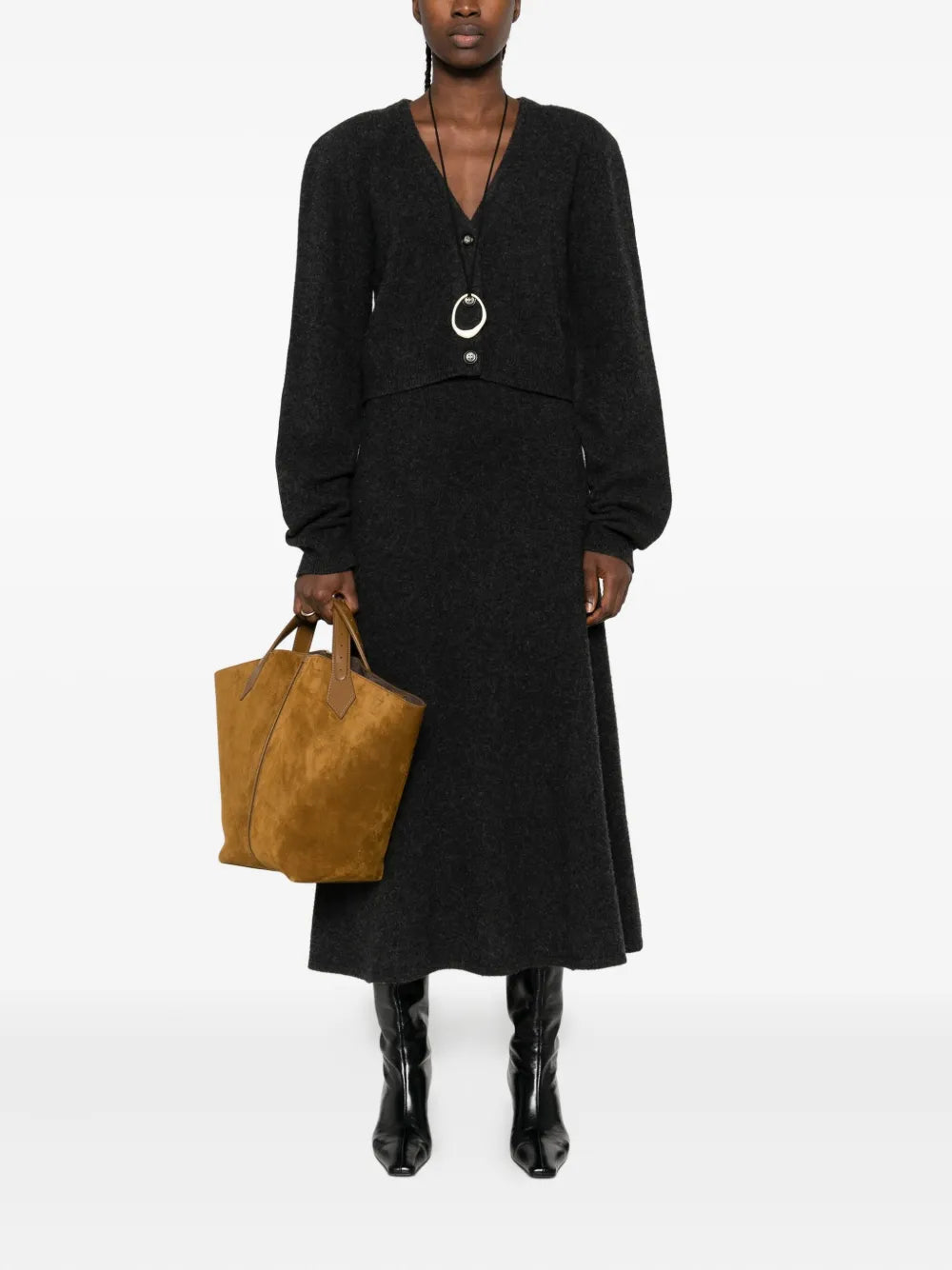 Close-up of Priel Midi Skirt in Charcoal, showcasing the fine texture of merino wool.