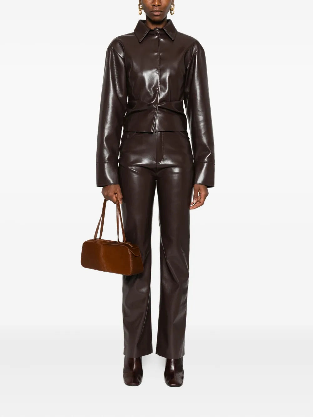 Close-up view of the Hildie Shirt in Coffee Ground, highlighting the signature Okobor™ alt leather texture.