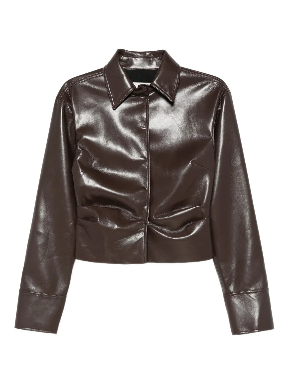 Hildie Shirt in Coffee Ground by Nanushka showcasing its sculptural silhouette and cinched waist design.