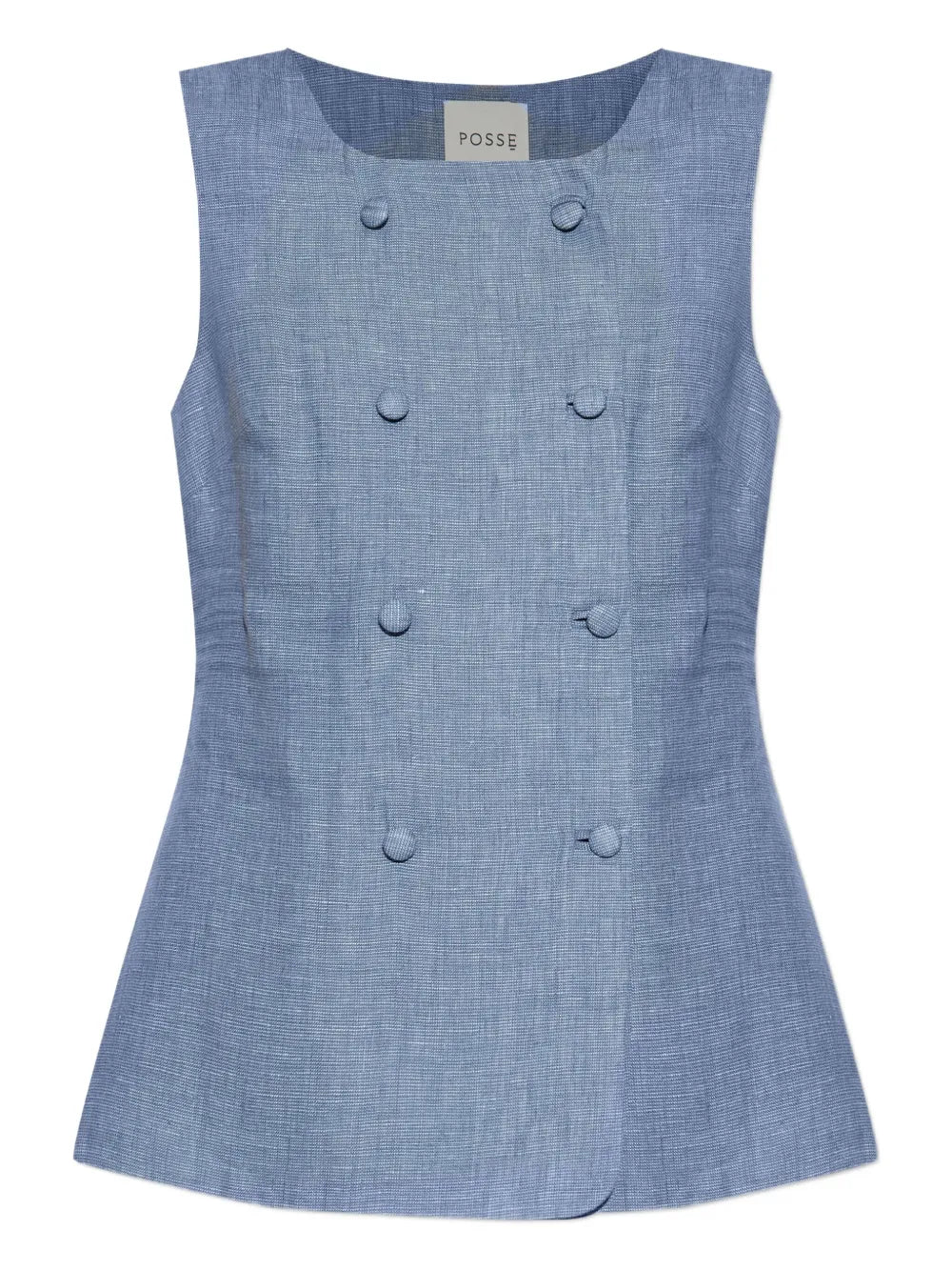 Thea Vest in Steel Blue, showcasing its double breasted button fastening and high scoop neckline in premium linen.