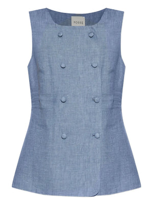Thea Vest in Steel Blue, showcasing its double breasted button fastening and high scoop neckline in premium linen.