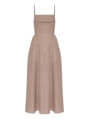 Callie Dress in Petite Mocha Gingham featuring a square neckline and elasticated back from Posse.