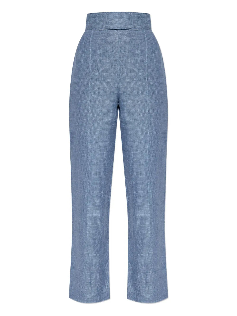 Thea Trousers in Steel Blue styled with a matching vest, showcasing the premium linen fabric and tailored high-rise design.