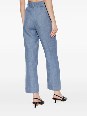 Back view of Thea Trousers in Steel Blue, focusing on the flattering high-rise waist and tailored fit.