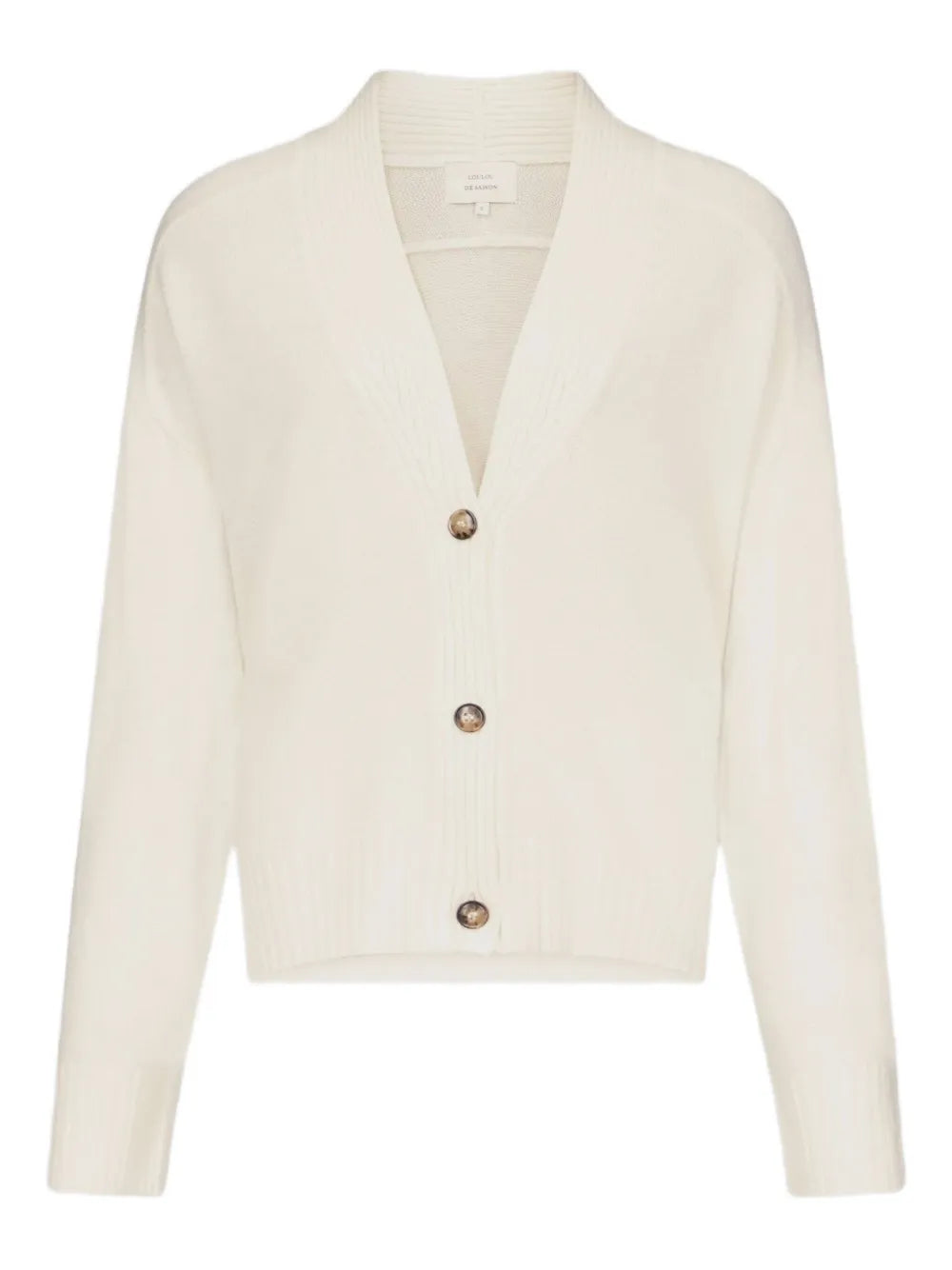 Kaia LDS V Neck Cardigan in Ivory displayed on a model, showcasing the elegant cashmere fabric and stylish design.
