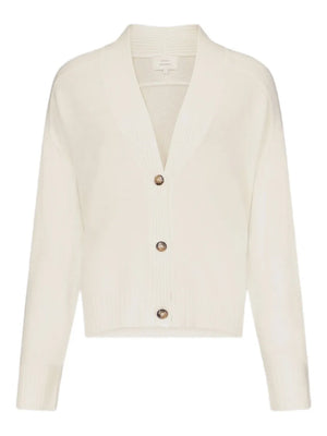 Kaia LDS V Neck Cardigan in Ivory displayed on a model, showcasing the elegant cashmere fabric and stylish design.