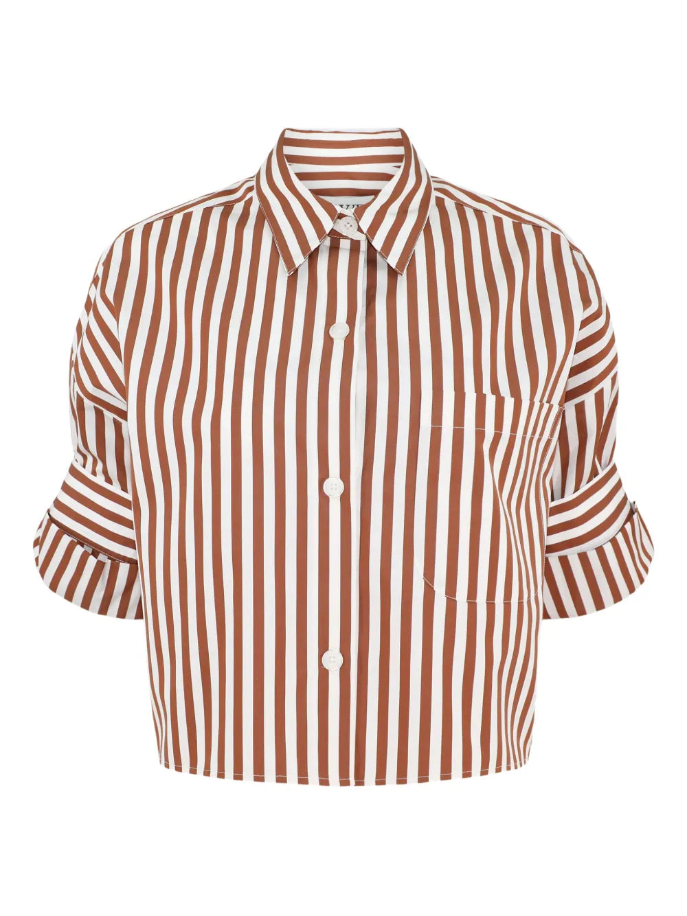 Next Ex Shirt in Ivory/Cognac displayed front view showcasing the cropped design and button-up details.