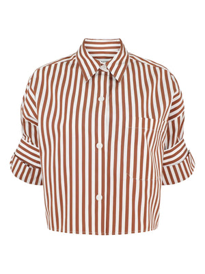 Next Ex Shirt in Ivory/Cognac displayed front view showcasing the cropped design and button-up details.