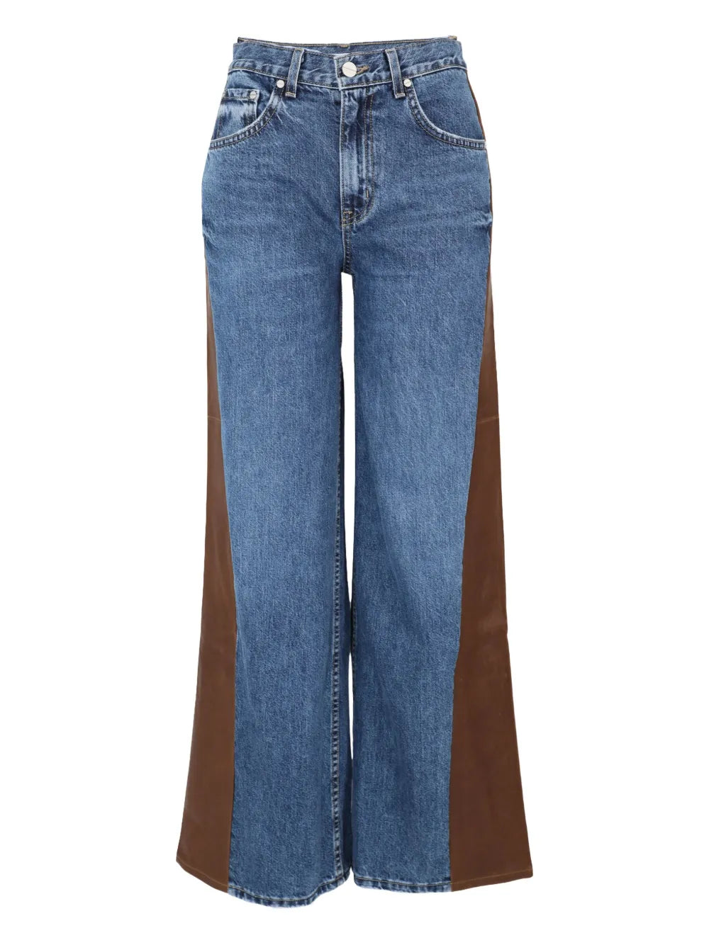 Ramblin Man Jean in Paris/Mahogany showcasing the mid-rise, wide leg design with contrast leather panels.