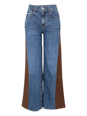 Ramblin Man Jean in Paris/Mahogany showcasing the mid-rise, wide leg design with contrast leather panels.