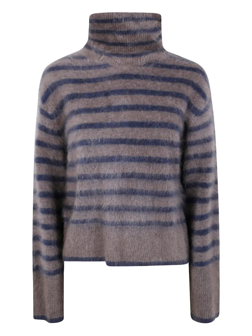 Lisa Yang Floren Sweater in Truffle/Night Fall Brushed Stripes featuring a high neck and dropped shoulders, made from 100% cashmere.