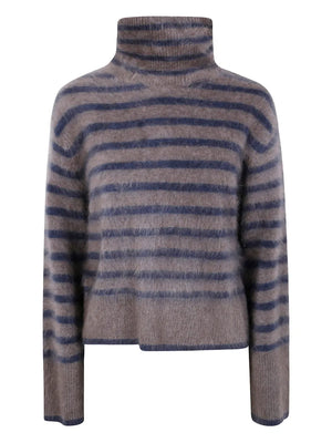 Lisa Yang Floren Sweater in Truffle/Night Fall Brushed Stripes featuring a high neck and dropped shoulders, made from 100% cashmere.