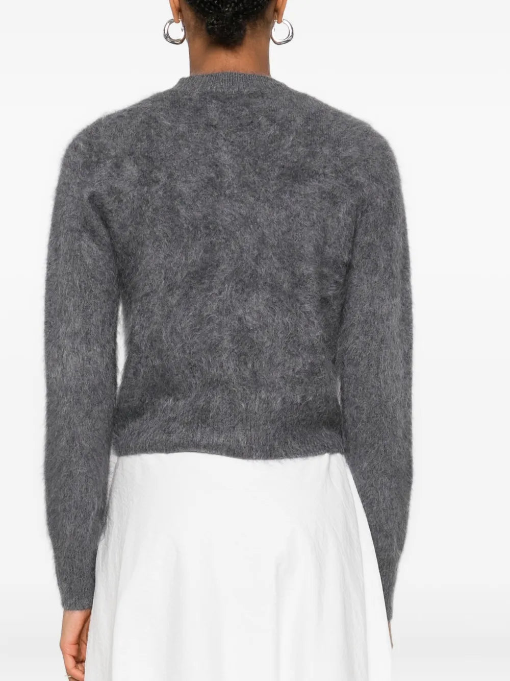 Stylish display of the Lisa Yang Azalea Cardigan in Graphite Brushed, button-down fastening visible.