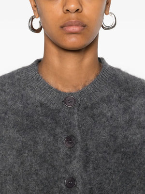 Model wearing the Lisa Yang Azalea Cardigan in Graphite Brushed, demonstrating its comfortable fit and design.
