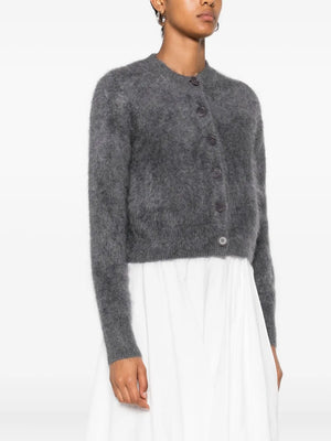 Back view of the Azalea Cardigan in Graphite Brushed by Lisa Yang, highlighting the full-length sleeves and ribbed hem.