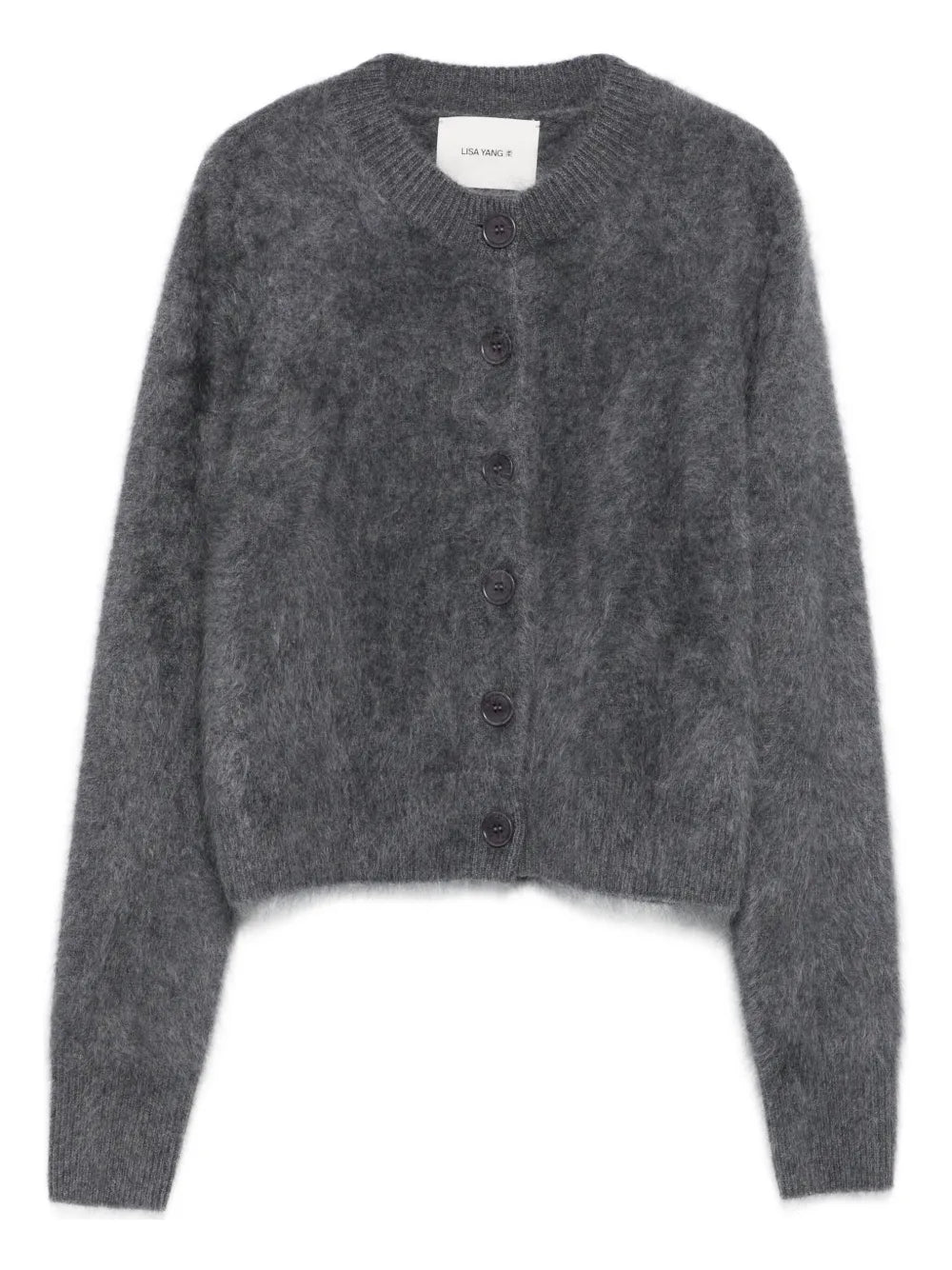 Lisa Yang Azalea Cardigan in Graphite Brushed showcasing its cropped silhouette and round neck design.
