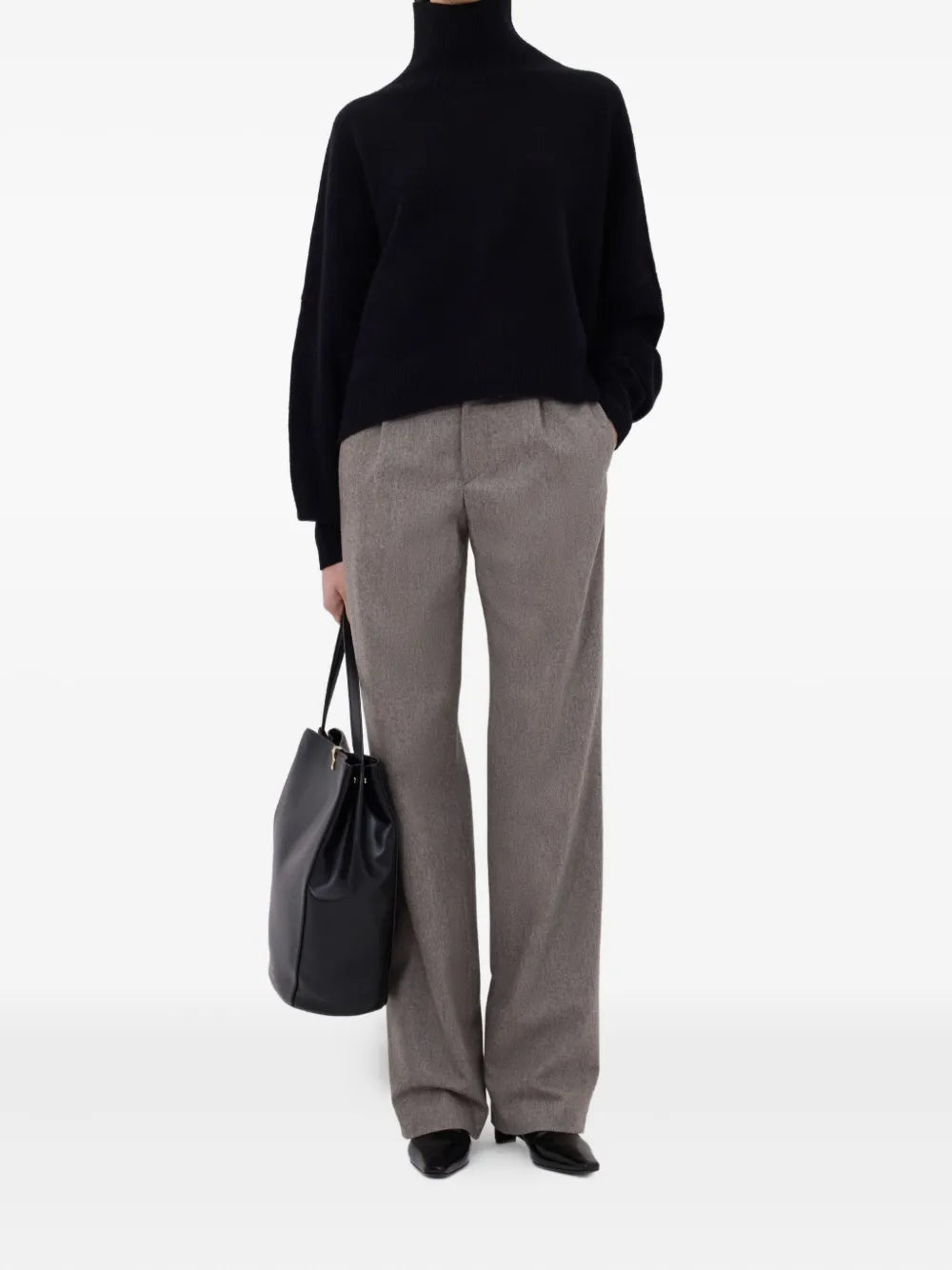 Close-up view of the Luke Stand Collar Sweater in Black detailing the cozy wool and cashmere blend fabric.