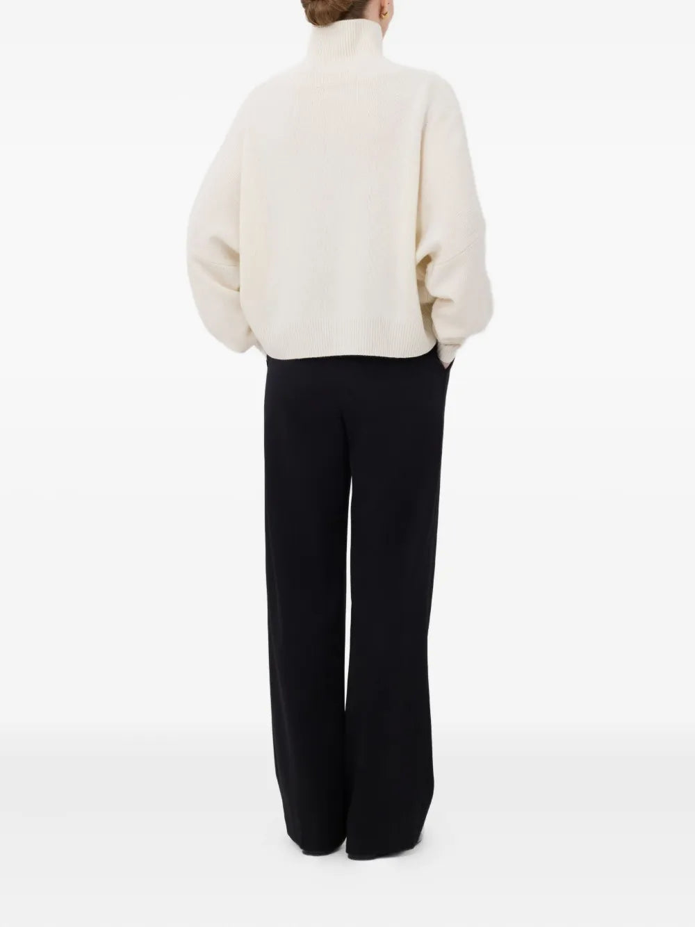 Back view of the Luke Stand Collar Sweater in Ivory, emphasizing the straight fit and ribbed cuffs.