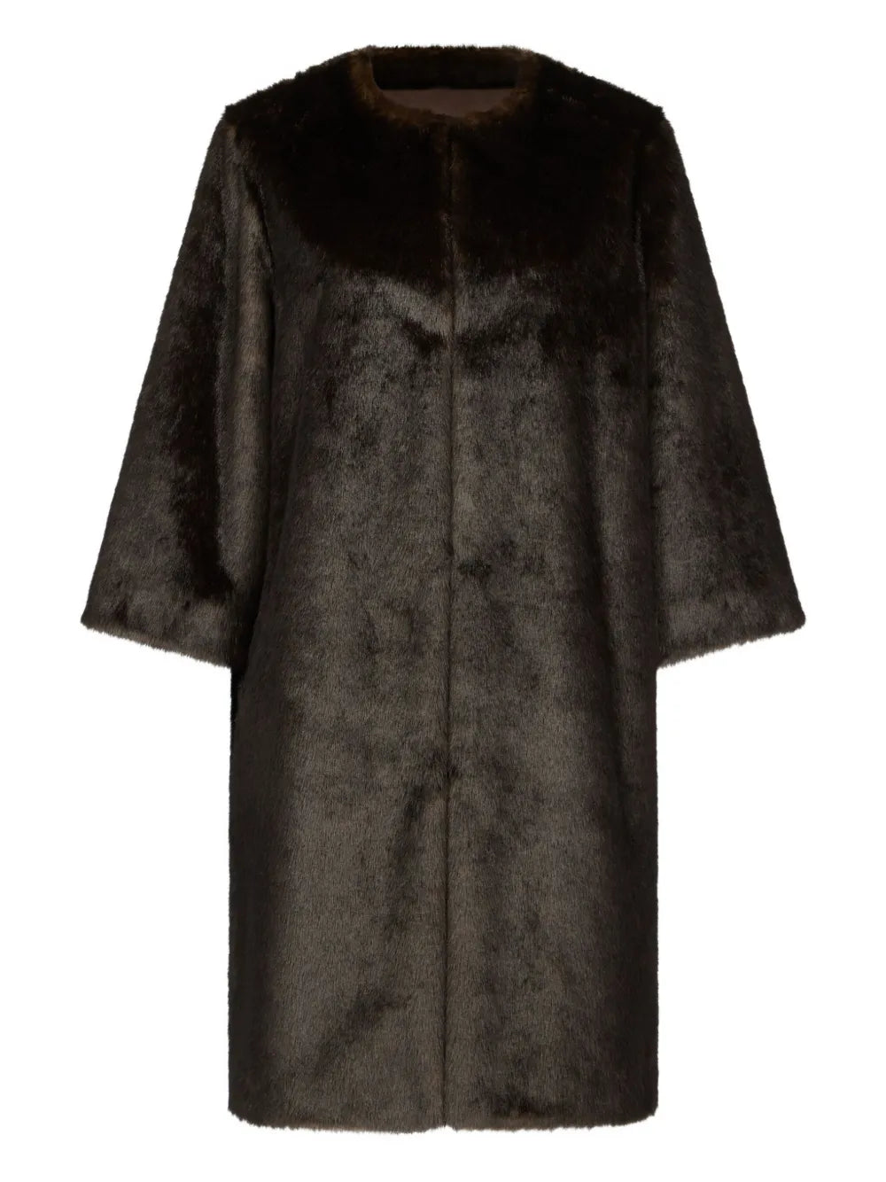 Moore Faux Fur Coat in Grizzly, showcasing its elegant collarless design and soft texture