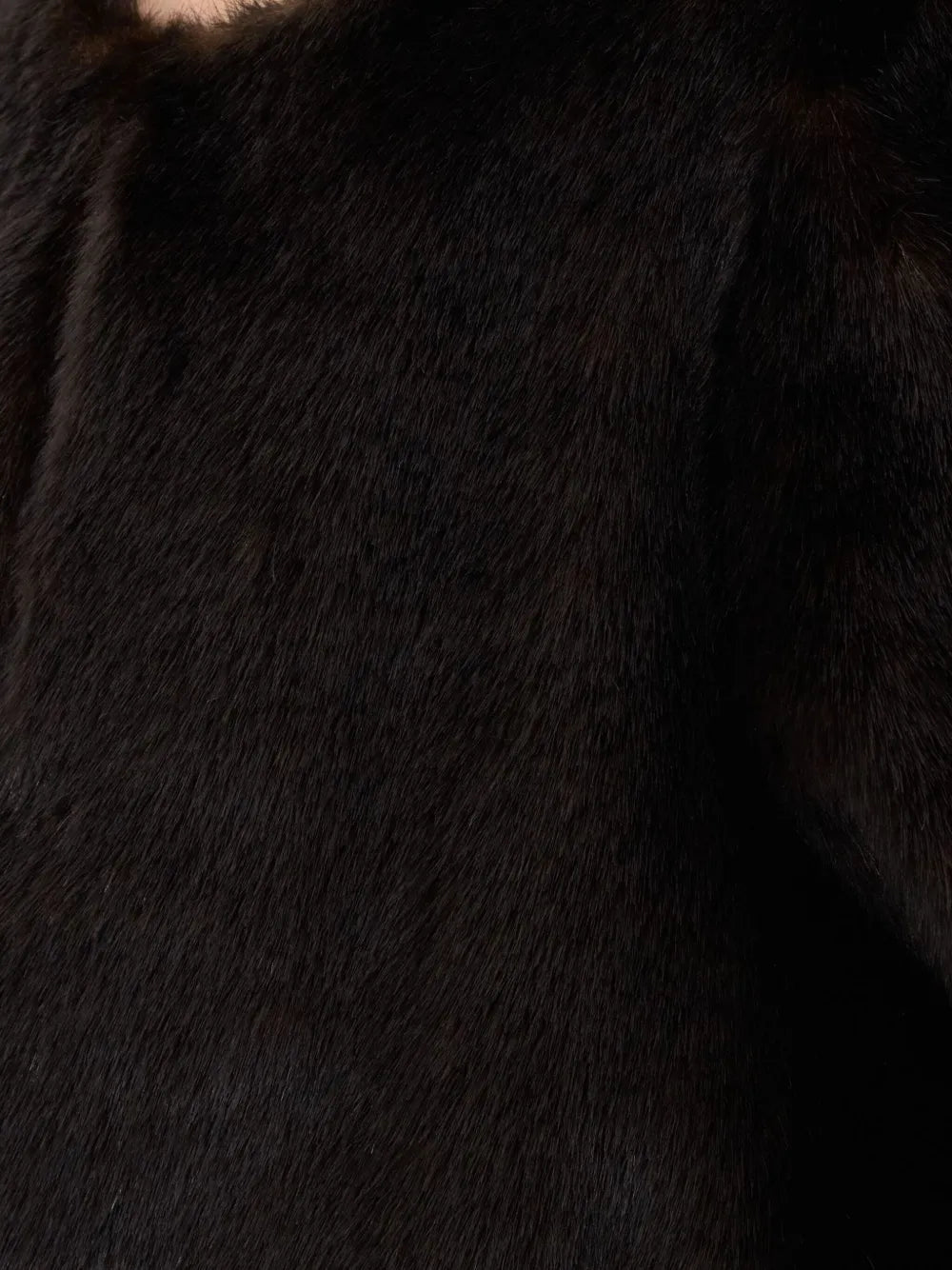 The Moore Faux Fur Coat in Grizzly, revealing the hidden button placket and above-the-knee fit