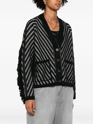 Back view of the Journey Olidia Cardigan in Black/White showcasing fringe embellishments.