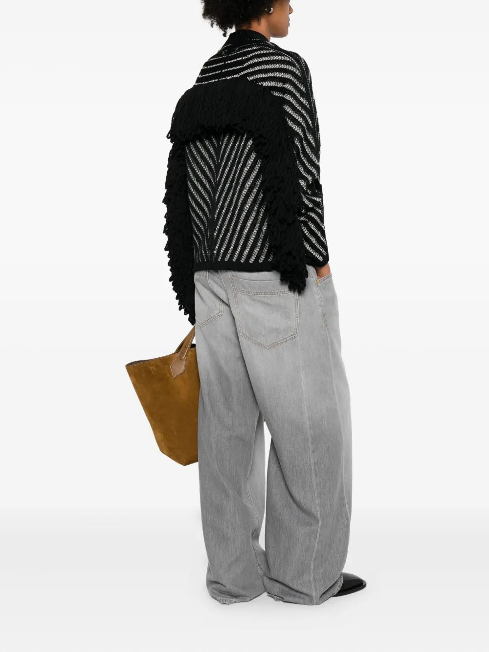 Side view of the Journey Olidia Cardigan in Black/White worn stylishly, perfect for casual outings.