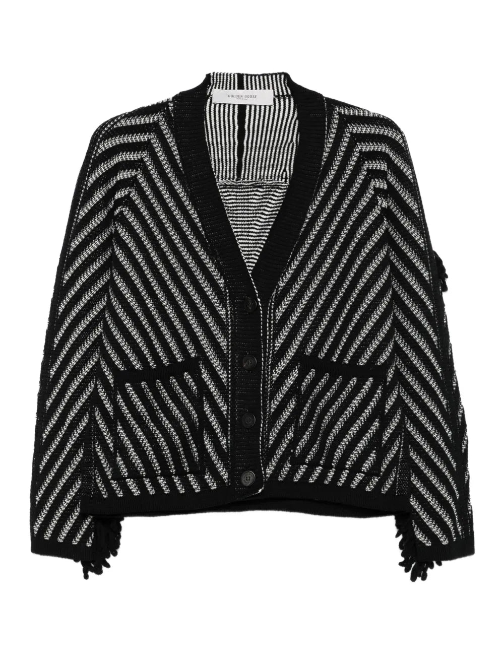 Journey Olidia Cardigan in Black/White, featuring shaded-effect chevron stripes and fringe detailing.