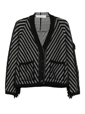 Journey Olidia Cardigan in Black/White, featuring shaded-effect chevron stripes and fringe detailing.