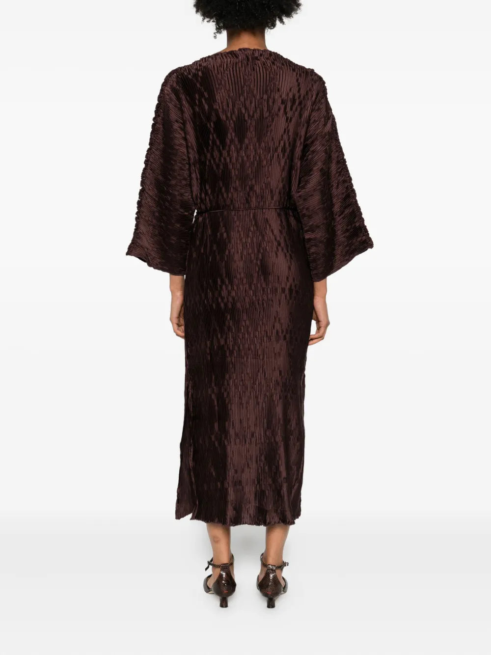 Tralaido Dress in Coffee Brown, made from 100% recycled polyester, offering a chic and eco-friendly fashion choice.
