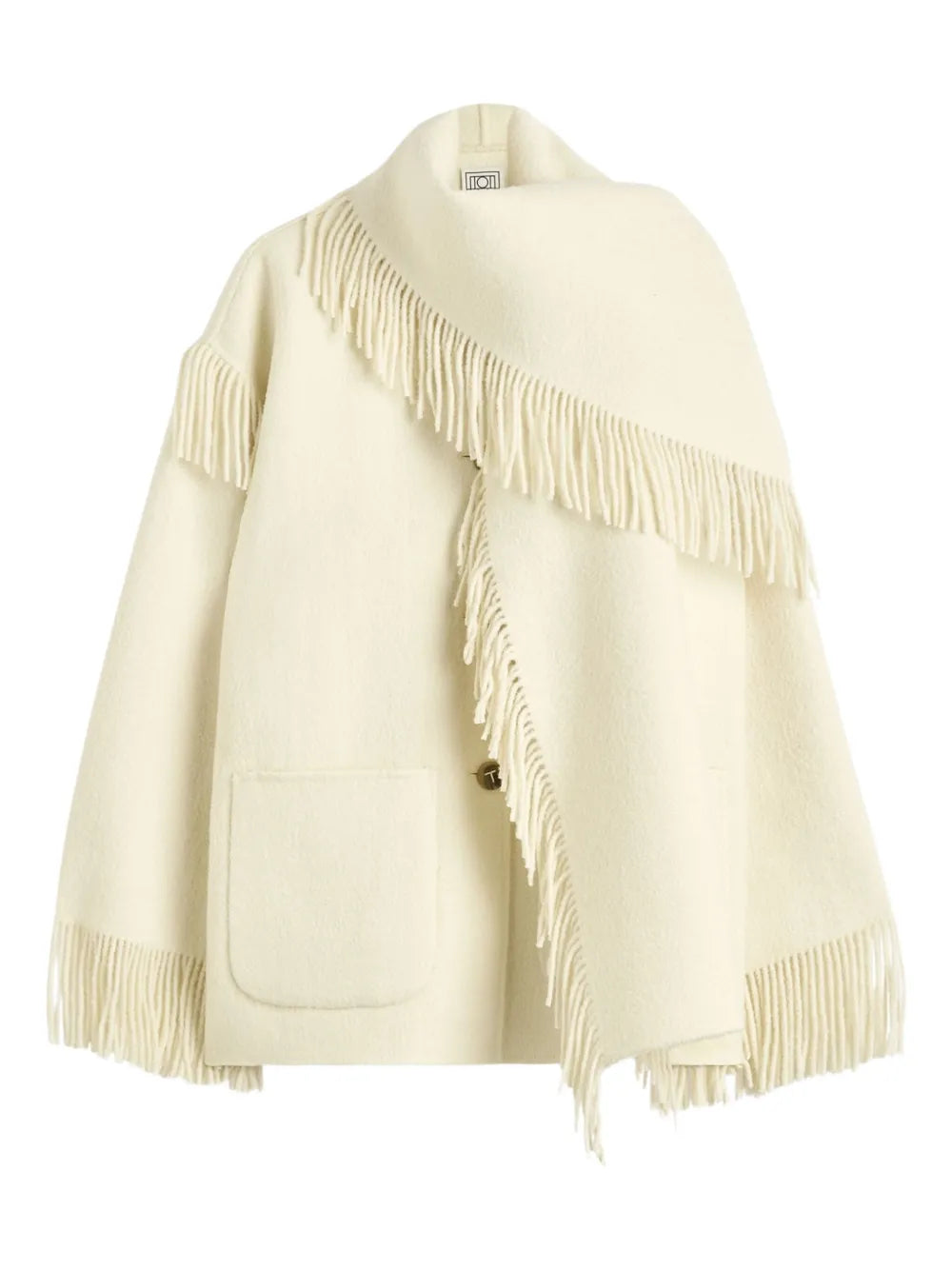 Fringed Scarf Jacket in Winter White by TOTEME, showcasing the oversized silhouette and wool-blend bouclé texture.