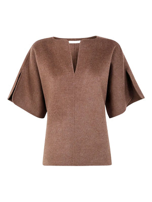 Calle Wool Blouse in Dark Brown Melange by By Malene Birger showcasing the elegant deep V-neck and high slits on the sleeves.