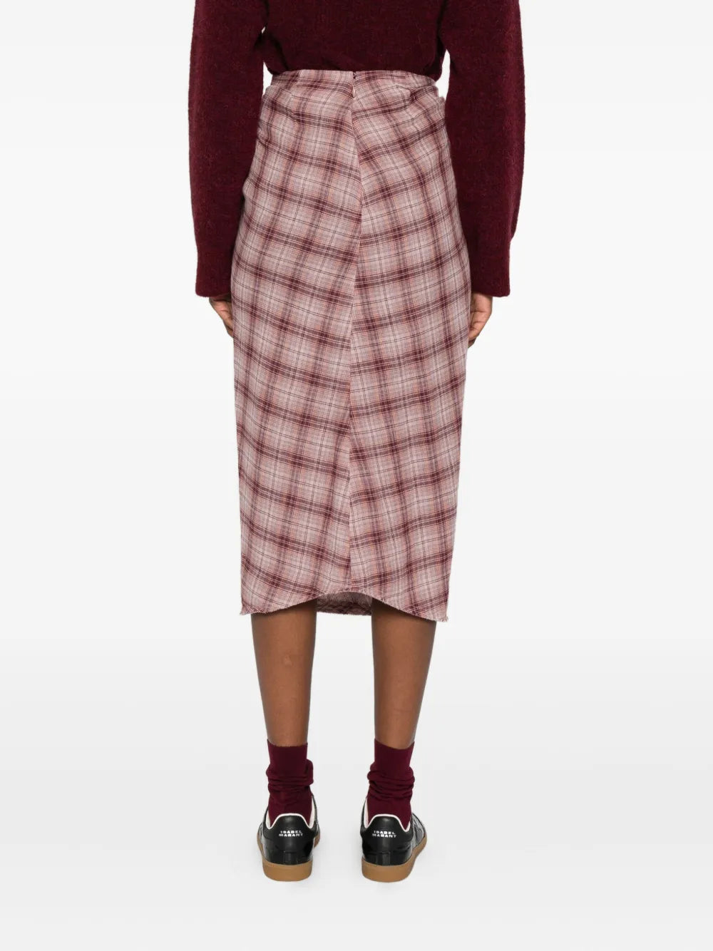 Back view of the Nicole Skirt in Rosewood, emphasizing the hidden zipper and elegant cut.