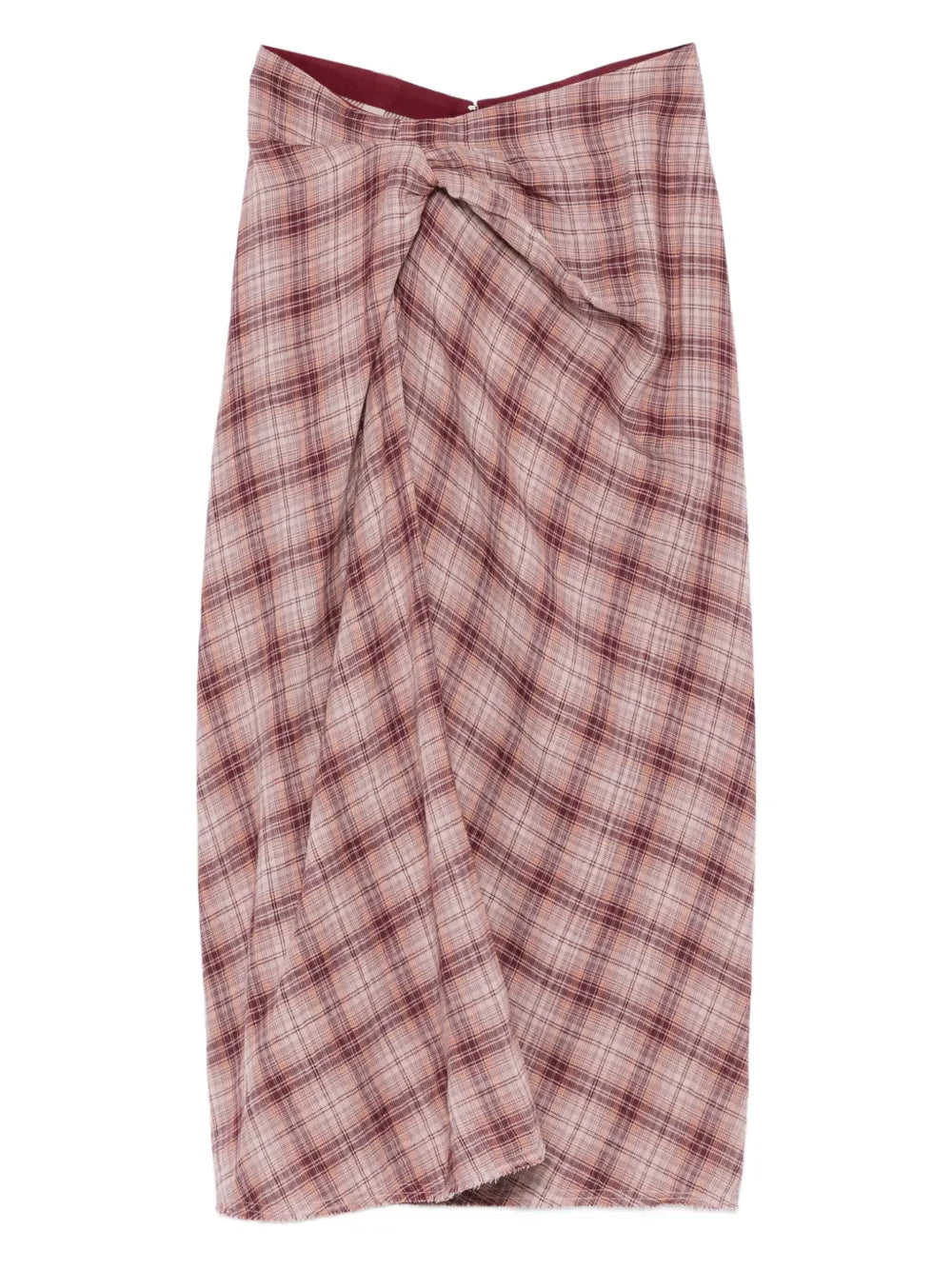 Nicole Skirt in Rosewood hanging beautifully on a display, showcasing its draped checkered design and flowing midi length.