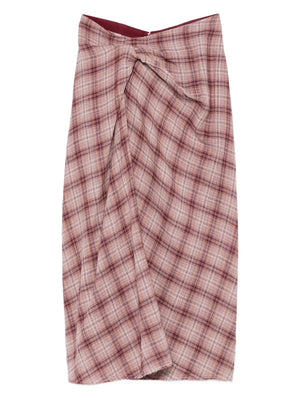 Nicole Skirt in Rosewood hanging beautifully on a display, showcasing its draped checkered design and flowing midi length.