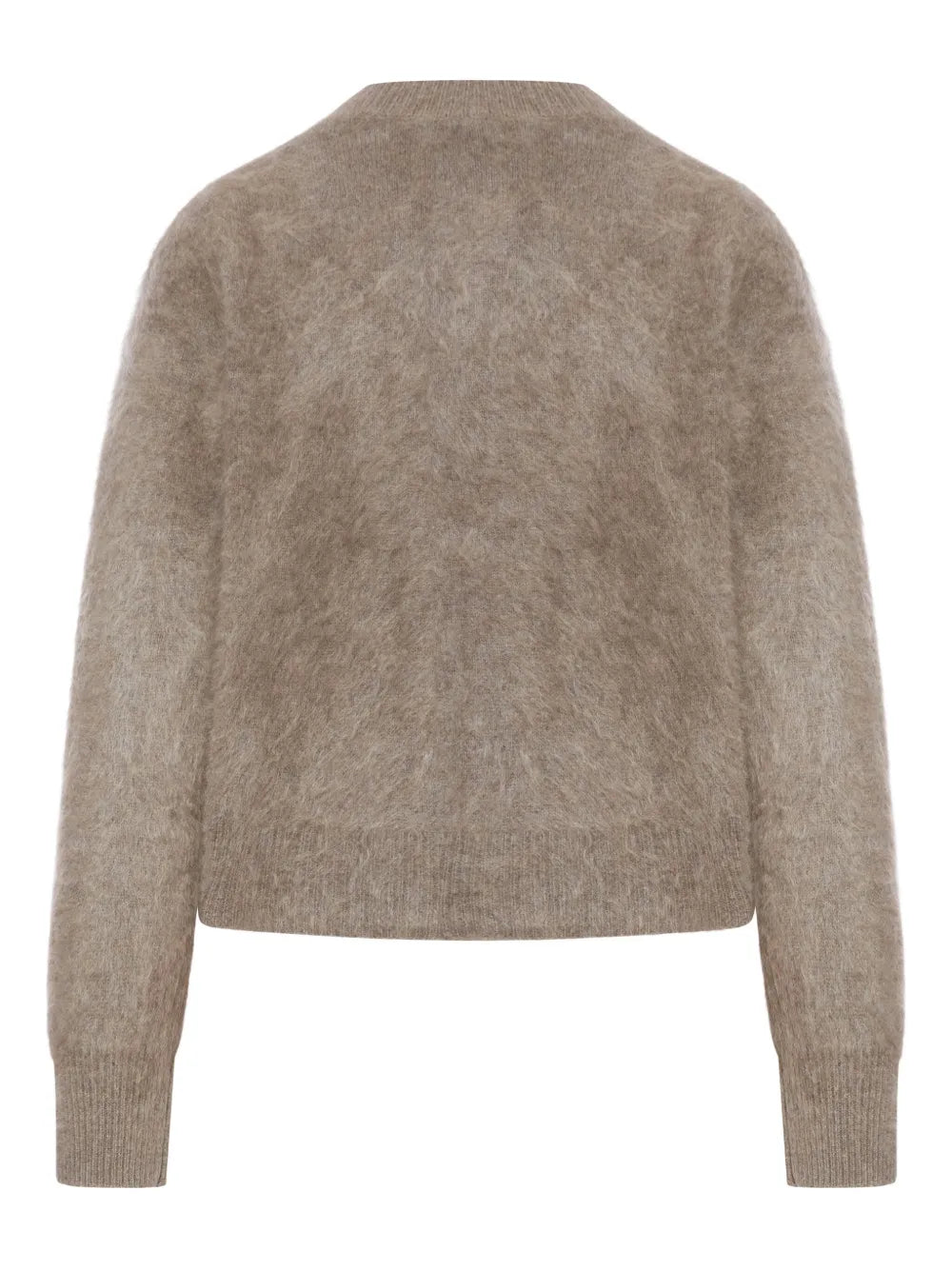 Close-up of Azalea Cardigan in Truffle Brushed, showcasing the soft cashmere texture and ribbed hem details by Lisa Yang.