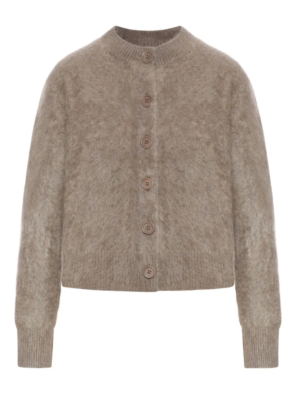 Azalea Cardigan in Truffle Brushed, a cozy cashmere cardigan with a cropped silhouette and button-down design by Lisa Yang.