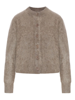 Azalea Cardigan in Truffle Brushed, a cozy cashmere cardigan with a cropped silhouette and button-down design by Lisa Yang.