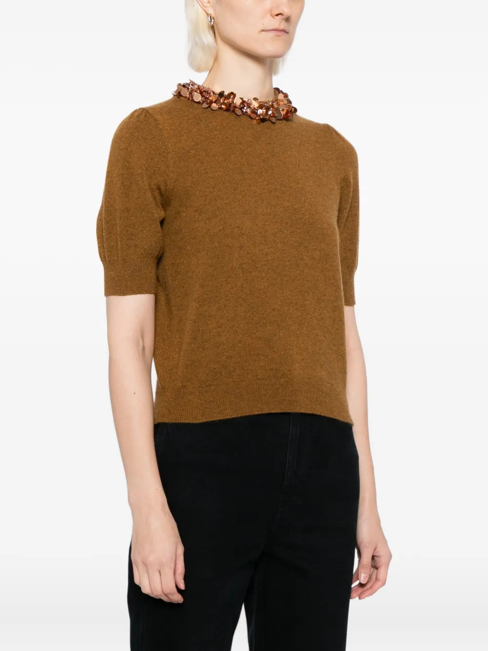 Detail view of Liv Embroidered Cashmere Short Sleeve Knit in Umber, highlighting the intricate collar embellishments by Ulla Johnson.