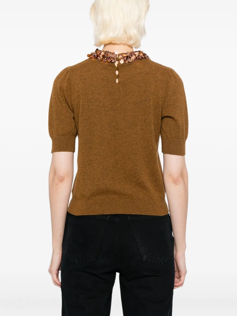 Front view of Liv Embroidered Cashmere Short Sleeve Knit in Umber, showcasing its simplistic yet stylish silhouette designed by Ulla Johnson.
