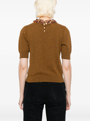 Front view of Liv Embroidered Cashmere Short Sleeve Knit in Umber, showcasing its simplistic yet stylish silhouette designed by Ulla Johnson.