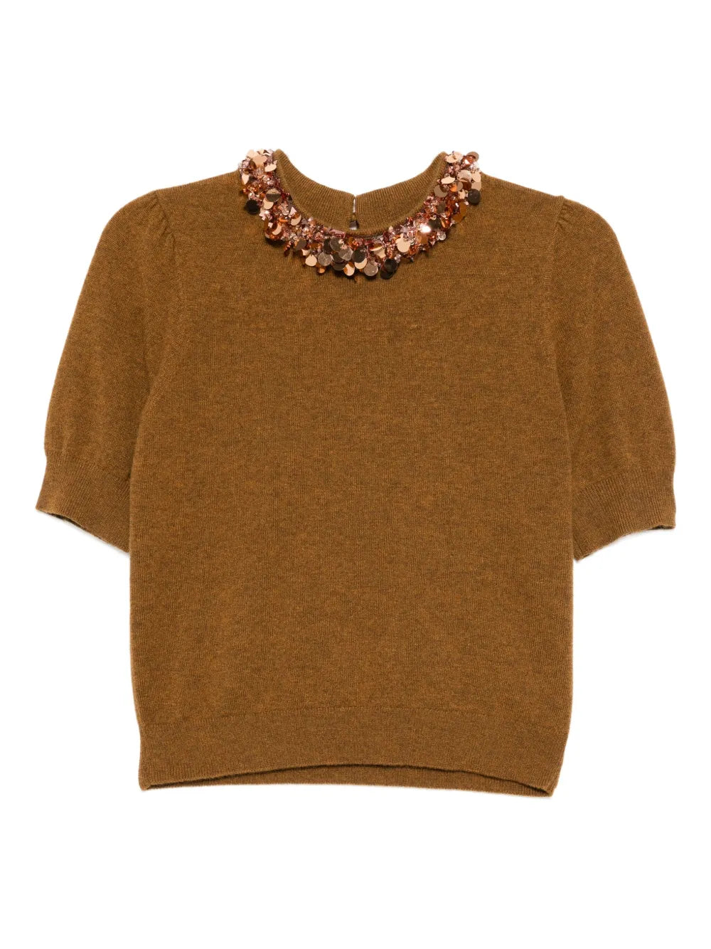 Liv Embroidered Cashmere Short Sleeve Knit in Umber by Ulla Johnson, featuring shimmering beads and paillettes on a soft cashmere fabric.