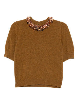 Liv Embroidered Cashmere Short Sleeve Knit in Umber by Ulla Johnson, featuring shimmering beads and paillettes on a soft cashmere fabric.