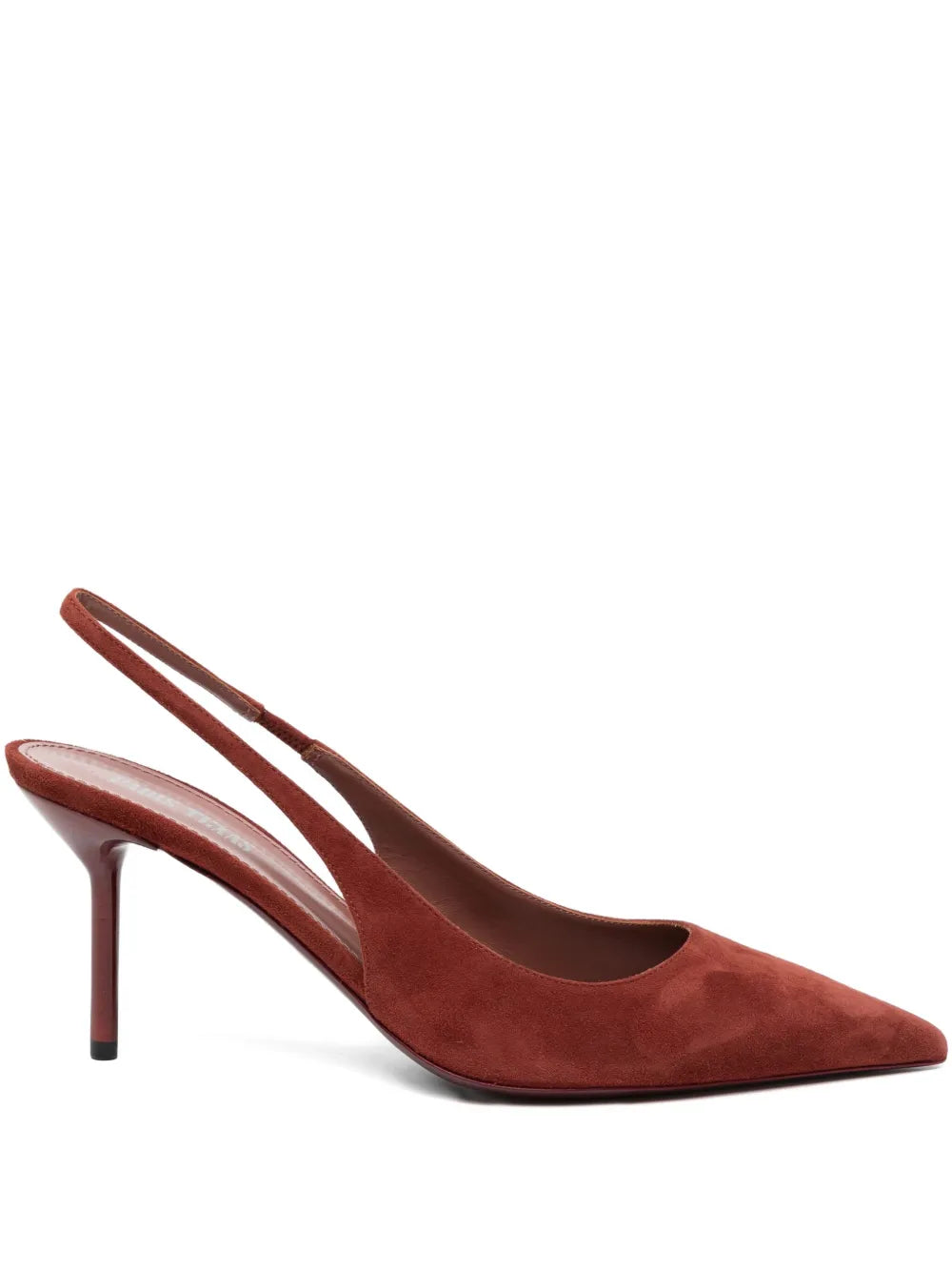 Close-up of Lidia Slingback in Brandy Suede, showcasing the pointed toe design and covered pin heel from Paris Texas.