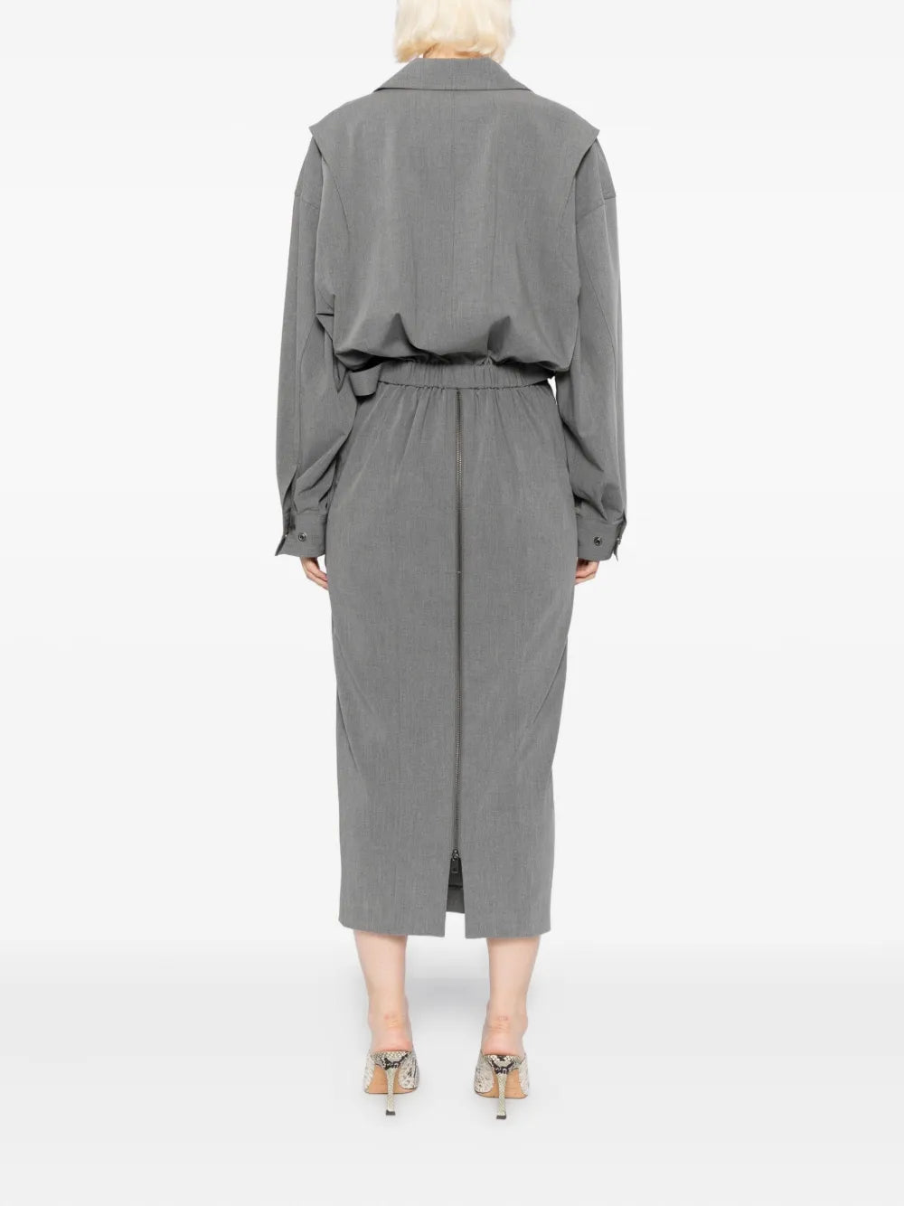 Back view of the Scout Dress in Static Grey illustrating the structured styling and elegant fit by Staud.