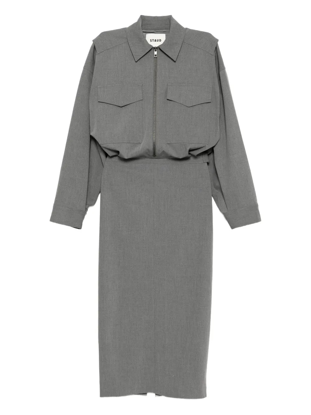 Scout Dress in Static Grey by Staud showing structured zip-front design and utility pockets.